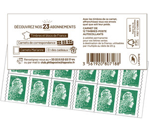Carnet 12 timbres Marianne l'engagée - Lettre Verte - Couverture Abonnement