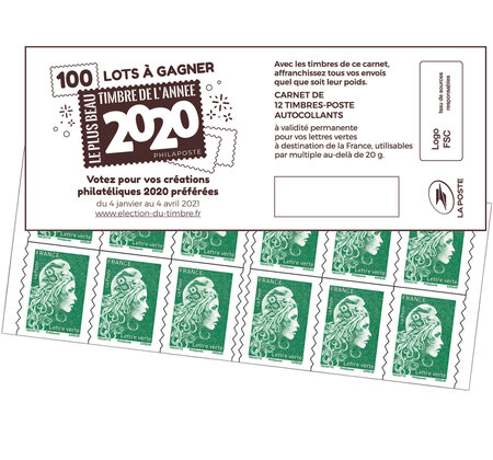 Carnet 12 timbres Marianne l'engagée - Lettre Verte - Couverture Election du timbre de l'année