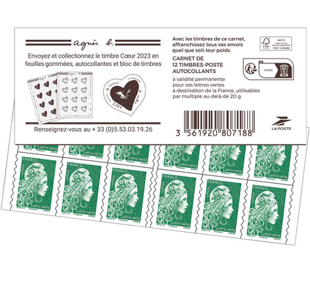 Carnet 12 timbres Marianne l'engagée - Lettre Verte - Couverture Timbre Coeur 2023