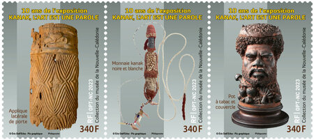 Triptyque de 3 timbres de Nouvelle Calédonie - 10 ans de l'exposition Kanak, l'art est une parole
