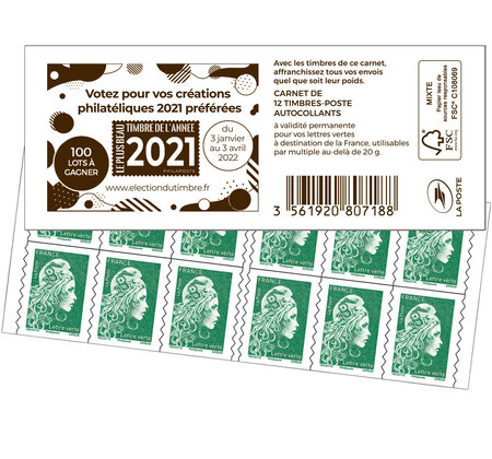Carnet 12 timbres Marianne l'engagée - Lettre Verte - Couverture Election du plus beau Timbre de l'année 2021