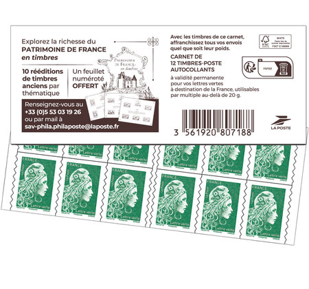 Carnet 12 timbres Marianne l'engagée - Lettre Verte - Couverture Patrimoine