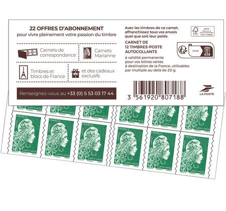 Carnet 12 timbres Marianne l'engagée - Lettre Verte - Couverture Abonnement
