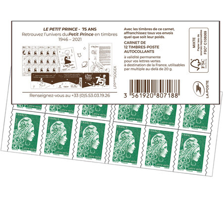 Carnet 12 timbres Marianne l'engagée - Lettre Verte - Couverture Le Petit Prince