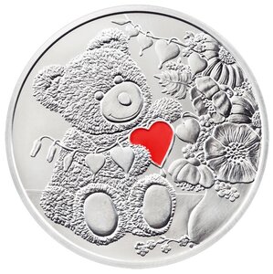 Médaille cupro-nickel Ours en peluche avec cœur colorisé