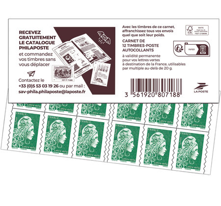 Carnet 12 timbres Marianne l'engagée - Lettre Verte - Couverture Catalogue Philaposte