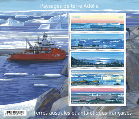 Bloc 5 timbres TAAF - Paysages de terre Adélie