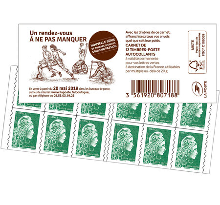 Carnet 12 timbres Marianne l'engagée - Lettre verte - Couverture Timbres sportifs