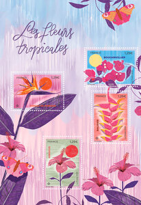 Bloc 4 timbres - Fleurs tropicales - Lettre verte