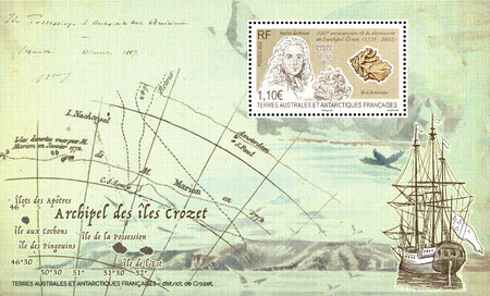 Bloc de 1 timbre TAAF - 250ème anniversaire de la découverte de l'archipel Crozet