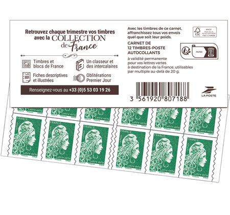 Carnet 12 timbres Marianne l'engagée - Lettre Verte - Couverture Collection de France