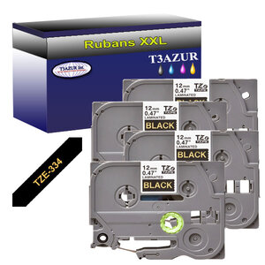 4 x Rubans d'étiquettes laminées générique Brother Tze-334 pour étiqueteuses P-touch - Texte doré sur fond noir - T3AZUR