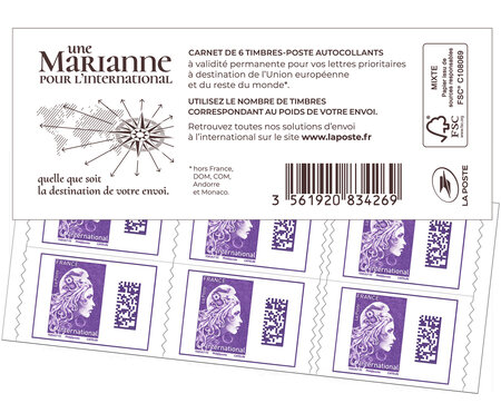 Carnet 6 timbres Marianne l'engagée - Lettre internationale - Violet - Couverture blanche